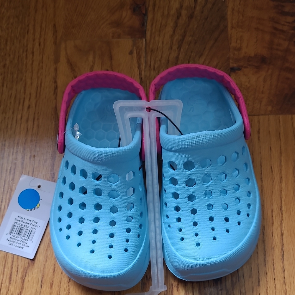 Kids Light Blue Clog Sandals with Pink Heel Strap